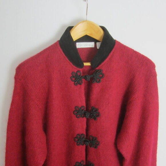 Vtg Cherry Webb Co Womens XL Red Black Velvet Collar LS Mohair Wool Cardigan - Picture 11 of 12